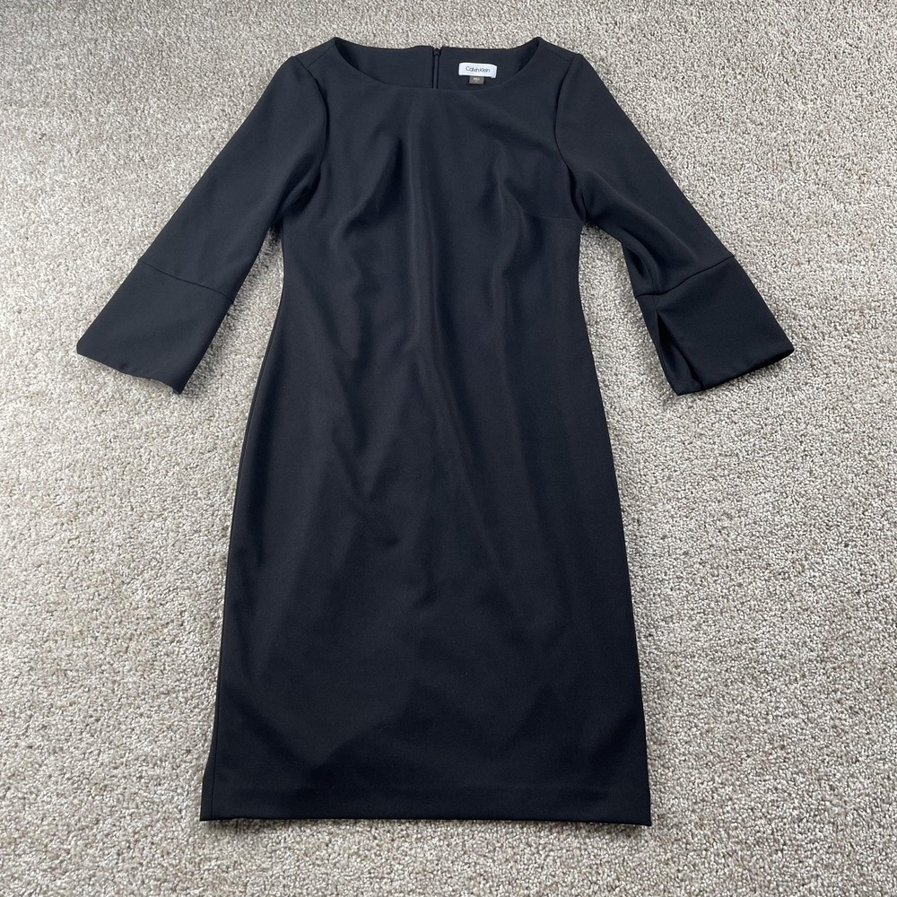 Calvin Klein Dress Womens 10 Black Bell Sleeve Boat Neck Sheath Knee Length